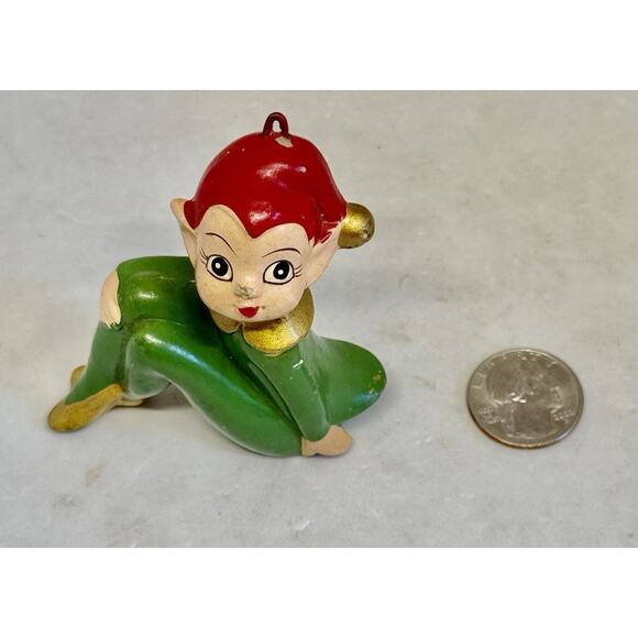 1950s Christmas Seated Pixie Elf Ceramic Ornament Red Hair Green Outfit Japan - Picture 7 of 11